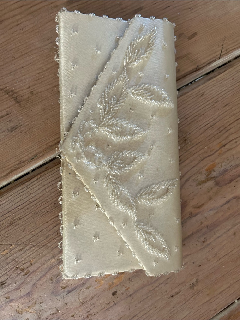 Vintage Embroidered Satin Clutch in Cream